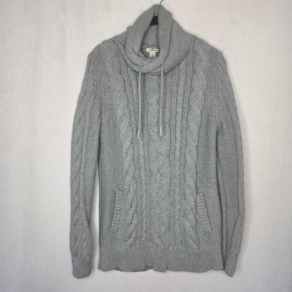 L.L. Bean Signature Gray Cable Knit Funnelneck Sweater 100% Cotton Size M